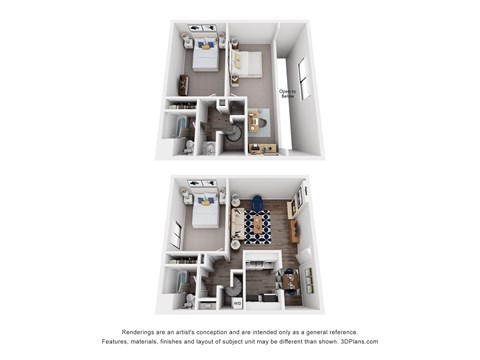 A 3D floor plan of a small apartment with two bedrooms and a living room.